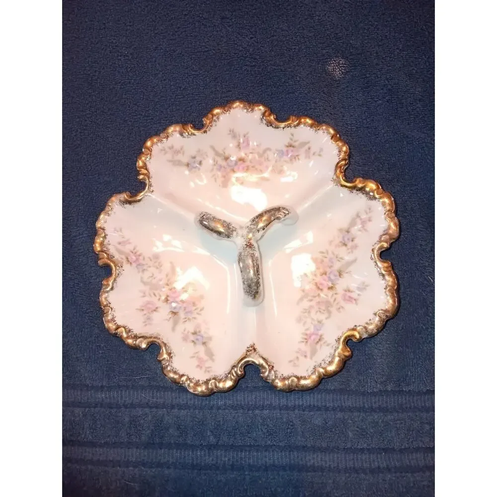 Lefton Hand Painted 3 Handled Divided Candy Dish Pink Blue Roses Gold Trim 7056